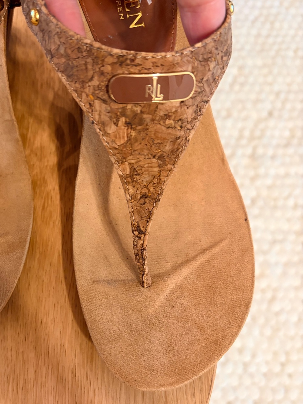 Lauren Ralph Lauren Cork-Trim Thong Sandals in Tan with Gold Logo